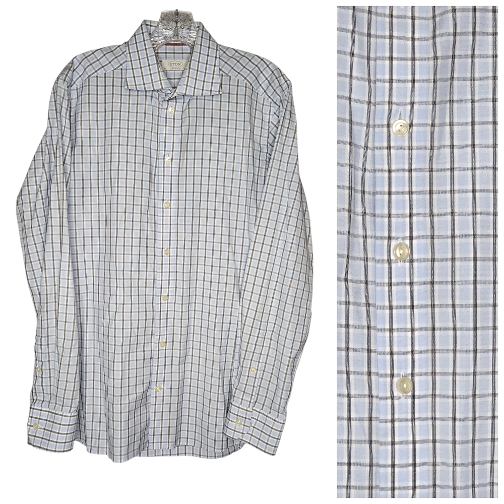 Men ETON long sleeve shirt 40 15 3/4 contemporary Fit Windowpane Check Blue Gray